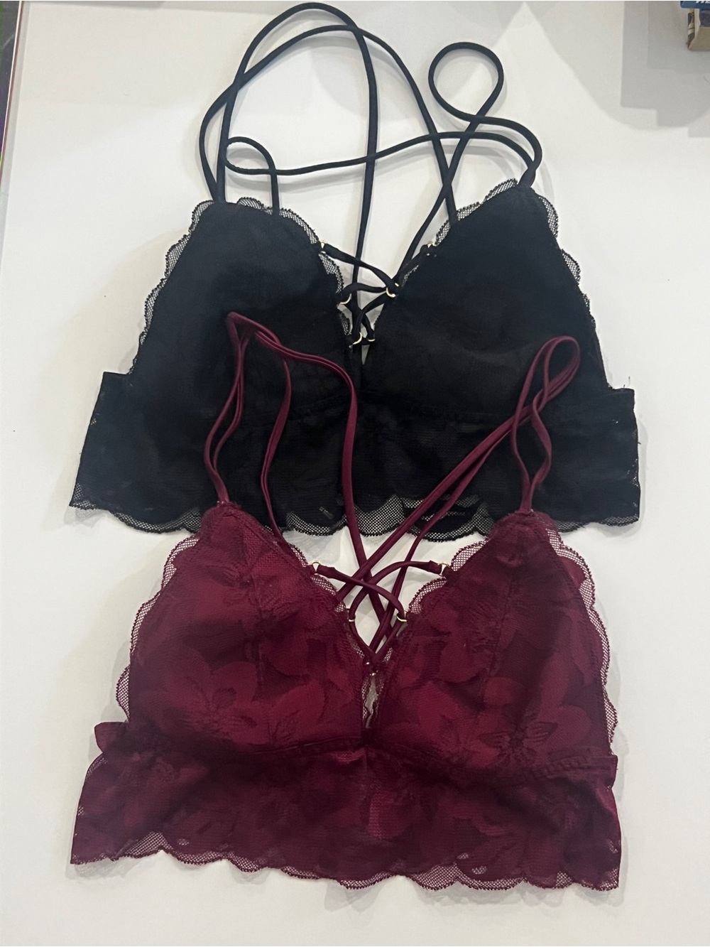 Victoria’s Secret Pink Lace Bralette - Black Burgundy Strappy Crisscross XS
